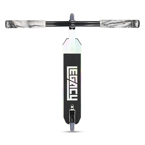 Top-down view of the Legacy Ventus Complete Stunt Scooter – White Glitter by Legacy, featuring black handlebars, translucent grips, a black deck with bold "LEGACY" in white letters, and a single front wheel visible at the bottom.