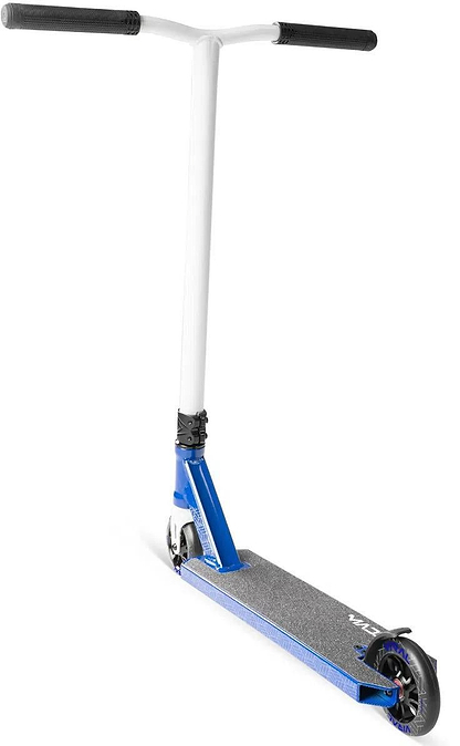 The Madd Gear (MGP) Viral Purge Complete Stunt Scooter - Cobalt features a blue and white design with black handlebar grips, two black wheels, and a textured gray deck for grip—ideal for tricks at the skatepark. Shown on a white background.