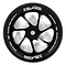 Close-up of a black scooter wheel with a white five-spoke design, made from high-rebound PU for enhanced durability. The tire is imprinted with "Slamm" and "Super High Density 110mm BBA," highlighting the premium-grade aluminum core of the Slamm Team 110mm Stunt Scooter Wheel - Black.