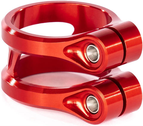 A close-up of the Ethic DTC Sylphe V2 2 Bolt Oversized Stunt Scooter Clamp in red, featuring two circular holes and strong bolts, designed by Ethic to securely fasten a stunt scooter’s handlebars.