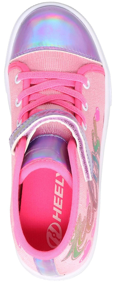 The Heelys Veloz X2 Prints Girls Shoes—Prism Pink/Neon Pink/Multi—feature a synthetic upper, shiny purple accents, white laces, Velcro strap, decorative side pattern, and bright pink insole with "HEELY" branding.