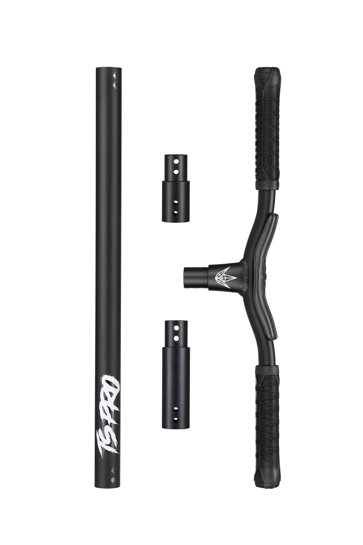 The Blunt Envy TS Pro 6 Indoor Trampoline Stunt Scooter - Black features black handlebars with a long tube adorned in a white graffiti-style design, making it ideal for personalization. It comes with pre-drilled holes and included connectors for straightforward assembly. Every component is carefully displayed on a clean white background.