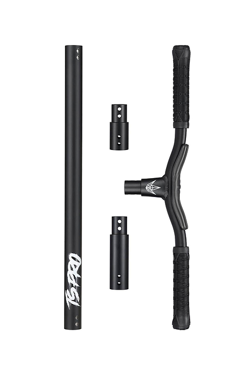 The Blunt Envy TS Pro 6 Indoor Trampoline Stunt Scooter - Black features black handlebars with a long tube adorned in a white graffiti-style design, making it ideal for personalization. It comes with pre-drilled holes and included connectors for straightforward assembly. Every component is carefully displayed on a clean white background.