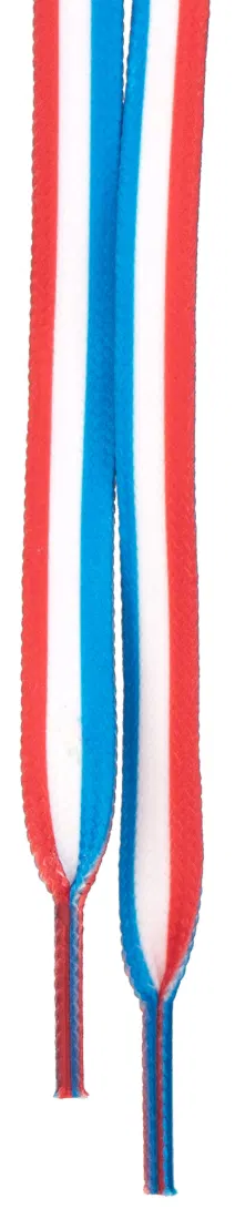 Criss Cross X Derby Laces Quad Roller Skate Laces in blue, white, and red stripes—ideal for adding a bold touch to your skates. Brand: Criss Cross.