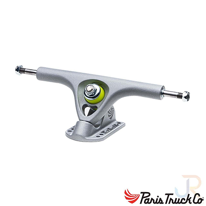 The Paris V3 Reflector Grey Longboard Trucks (Pair) - 180mm feature a silver skateboard truck with a yellow bushing, displaying the Paris brand logo in the bottom right corner. This V3 Truck design is ideal for longboard enthusiasts who prioritize quality and style.