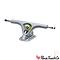 The Paris V3 Reflector Grey Longboard Trucks (Pair) - 180mm feature a silver skateboard truck with a yellow bushing, displaying the Paris brand logo in the bottom right corner. This V3 Truck design is ideal for longboard enthusiasts who prioritize quality and style.