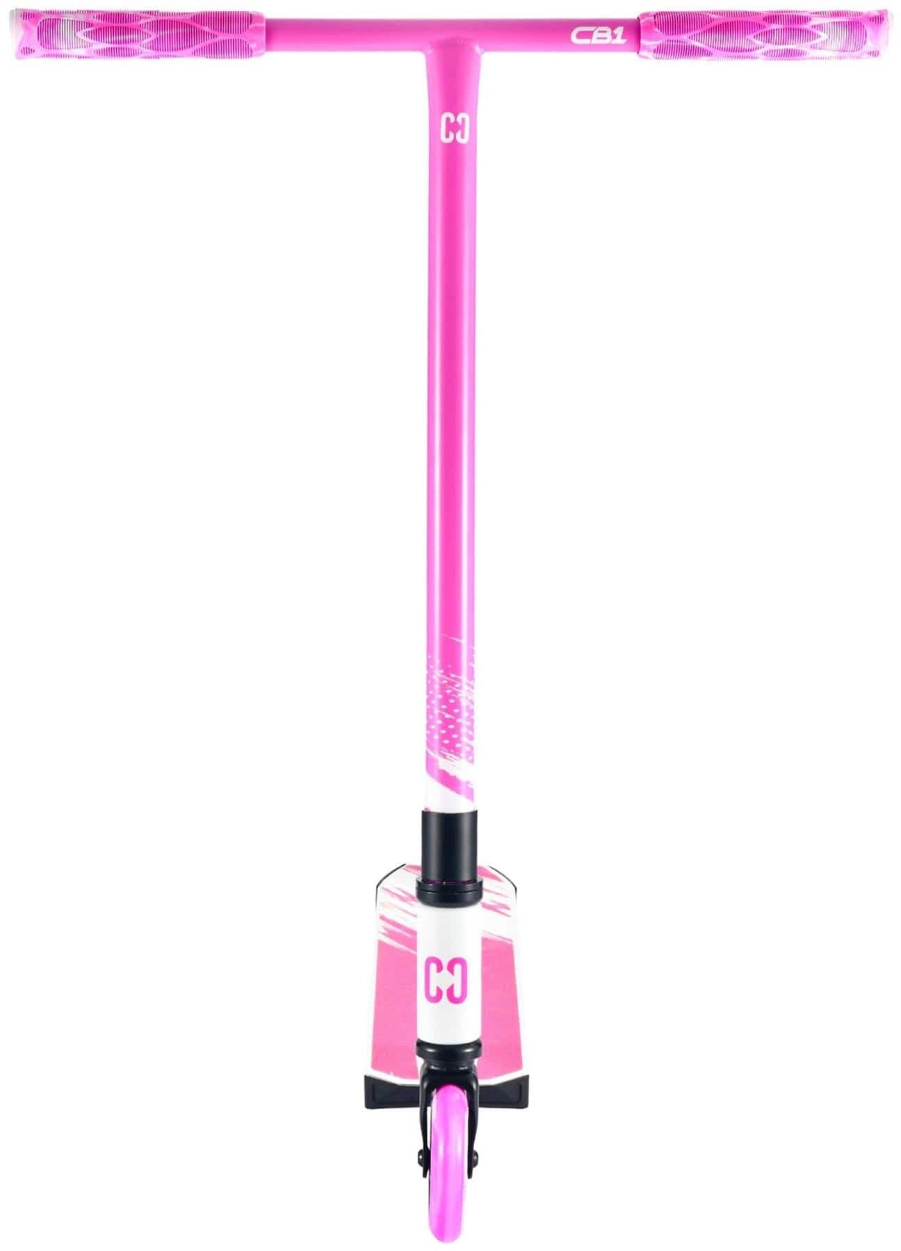 The CORE CB1 Beginner Complete Stunt Scooter in White/Pink, viewed from the front, shows off its wide handlebar, single front wheel, and "CB1" branding—perfect for beginners seeking a stylish ride.