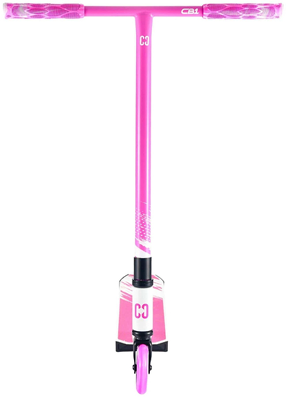 The CORE CB1 Beginner Complete Stunt Scooter in White/Pink, viewed from the front, shows off its wide handlebar, single front wheel, and "CB1" branding—perfect for beginners seeking a stylish ride.