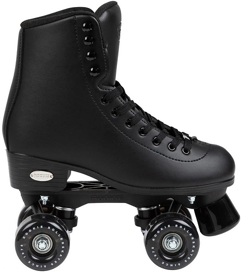 The Rookie Classic 78 Quad Roller Skates - Black by Rookie features a high ankle boot, black laces, paired wheels, a front toe stop, and a sturdy metal plate above the wheels.
