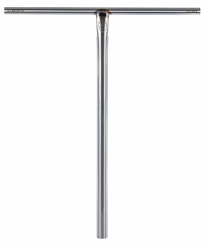 The Ethic DTC Tenacity V2 Steel HIC Stunt Scooter T-Bars are raw silver and T-shaped, featuring a lightweight design with a sleek look and central reinforced joint, ideal for stunt scooters. Dimensions are 720mm x 600mm.