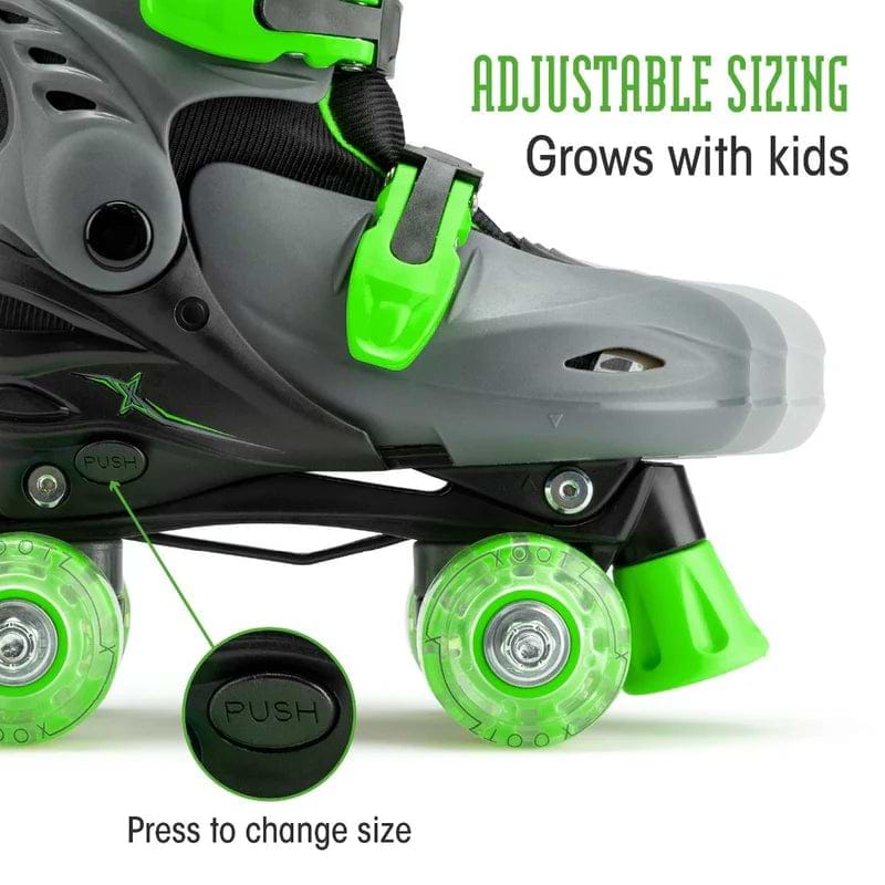 Close-up of Xootz LED Adjustable Quad Roller Skates - Green, featuring a “PUSH” button to adjust size. Text: “ADJUSTABLE SIZING – Grows with kids. Press to change size.” Perfect Xootz skates for growing feet!.