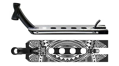 A black and white park-focused scooter deck featuring tribal patterns and the "CORE" brand prominently displayed. The CORE CL1 Black Stunt Scooter Deck measures 5" x 19" and includes three large circular cutouts, a head tube, and a brake. It is shown from both the side and top views, highlighting its striking design.