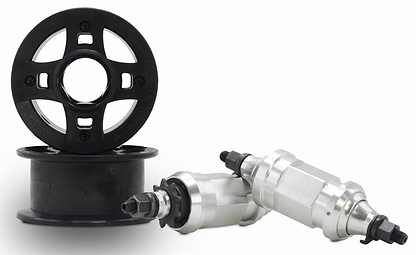 Two black CNC aluminum wheel rims stand and lie flat next to two metallic cylindrical, threaded components—parts from the Wildcat OG 3A Mini BMX Bike - Galaxy Gum by Wildcat—against a white background.