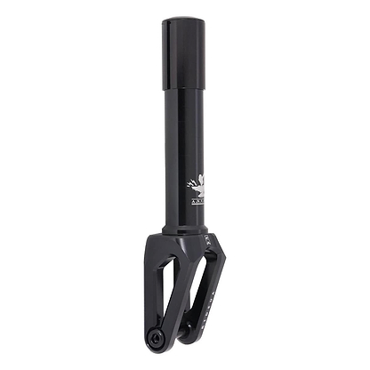 The UrbanArtt Anvil SCS/HIC Stunt Scooter Forks in Black showcase a modern design with angular cutouts and a cylindrical top, made from robust 6061-T6 aluminum. They prominently display a stylish logo near the top and come equipped with SCS/HIC compression for secure attachment, along with a bolt at the bottom.