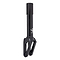 The UrbanArtt Anvil SCS/HIC Stunt Scooter Forks in Black showcase a modern design with angular cutouts and a cylindrical top, made from robust 6061-T6 aluminum. They prominently display a stylish logo near the top and come equipped with SCS/HIC compression for secure attachment, along with a bolt at the bottom.