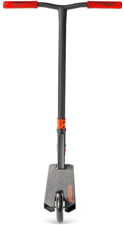 The Madd Gear Viral Rave Complete Stunt Scooter - Inferno features a black and orange design, red handlebar grips, a single front wheel, and a textured standing deck—perfect for stunts.