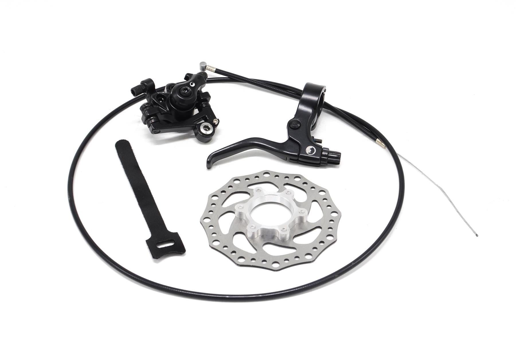 Upgrade your Wildcat OG 3A Mini BMX Bike - Galaxy Yellow with this disc brake kit—includes caliper, lever, cable, rotor, and black mounting strap for reliable stopping power. All parts shown on a white background.