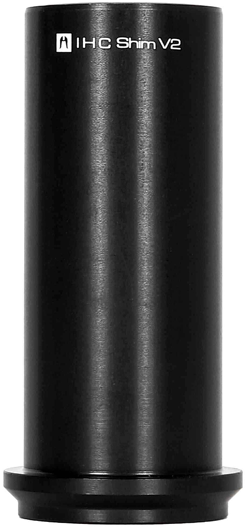 A black cylindrical metal object labeled "Ethic DTC IHC Shim - 75mm," designed for IHC compression, with a flat base, shown against a white background. This essential scooter part by Ethic is compatible with Ethic DTC IHC Shim systems.