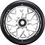 A close-up of the Blunt Envy Sector 120mm Stunt Scooter Wheel - Silver features a black and silver design with geometric spokes. The edge is marked with “ONE HUNDRED TWENTY X TWENTY SIX MM 86A.”.