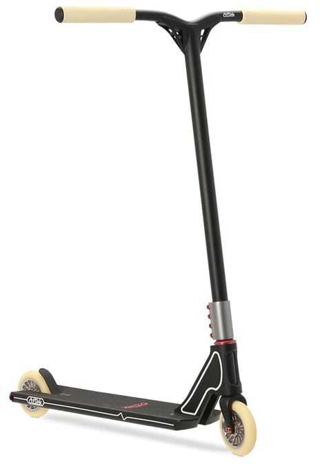 The Aztek Fountain Complete Stunt Scooter - Black features a T-shaped handlebar, light grips and wheels, and a black deck with red and white minimalist accents—ideal for freestyle street tricks.