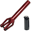 The Dare Dimension IHC Stunt Scooter Forks - Red by Dare features a red CNC-machined aluminium fork with a cylindrical steerer tube and a black IHC compression plug, both shown on a white background.