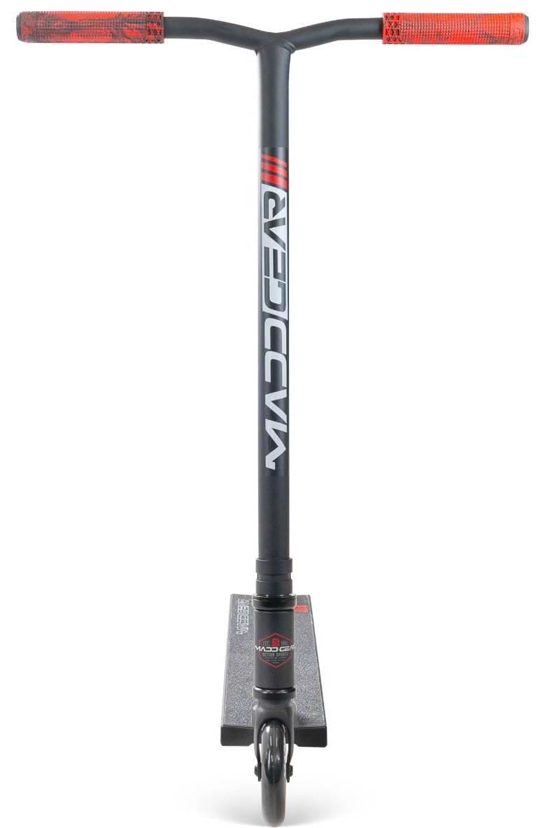 The Madd Gear MG 3 Zen Complete Stunt Scooter in Black/Red features red handlebar grips, a single front wheel, and "MADD GEAR" branding on the stem—an ideal kids stunt scooter from Madd Gear (MGP).