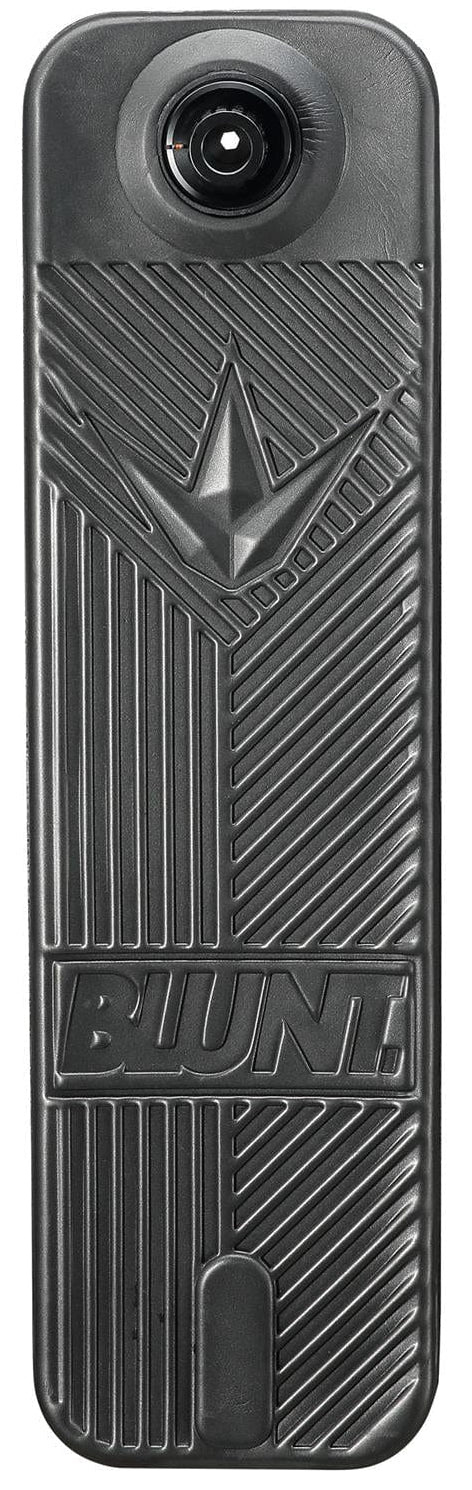 Close-up of a black deck from the Blunt Envy TS Pro 6 Indoor Trampoline Stunt Scooter, showcasing a textured surface with diagonal lines and a star design. The "BLUNT" brand name is embossed near the bottom. The scooter offers customizable bars for added versatility, featuring a cylindrical component at the top.