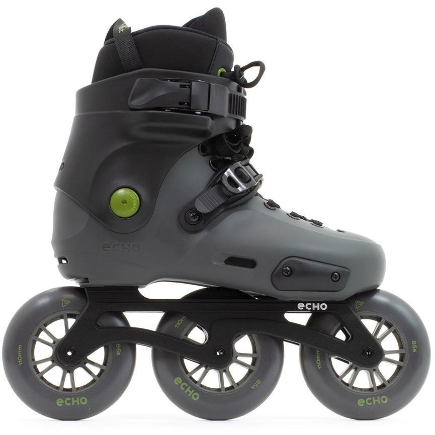 The Echo Sonar 3 Wheel Inline Freeskates by Echo feature a black design, sturdy straps, and a high ankle cuff for stability and support—perfect for city cruising. The word "echo" is printed on the boot and wheel frame.