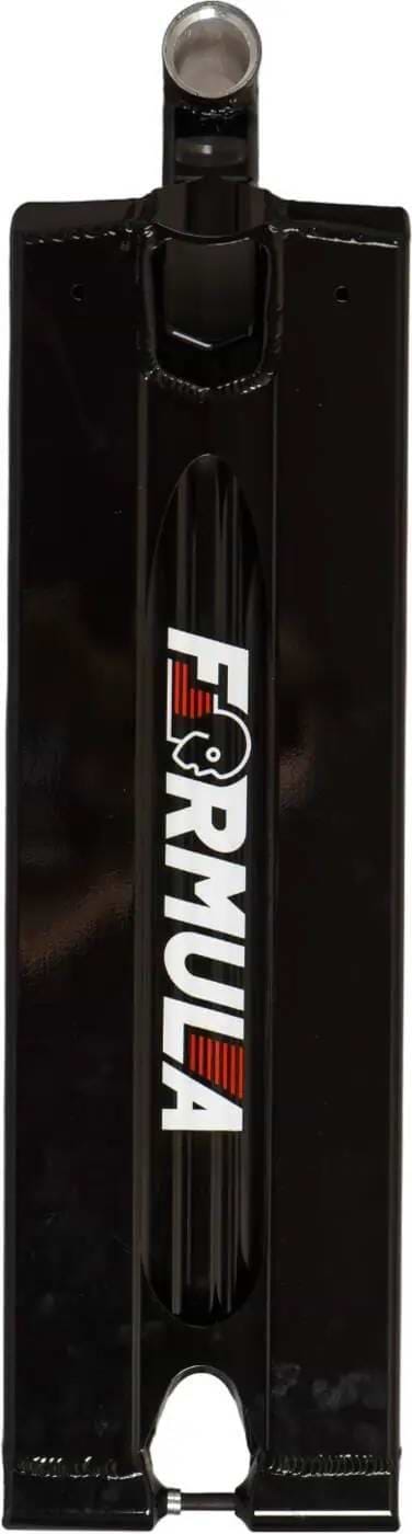 The Tilt Formula Pro Black Stunt Scooter Deck (6.5" x 22.8") features bold white "FORMULA" lettering with red accents, a rectangular shape with rounded edges, ideal for street riding and brakeless fender setups.