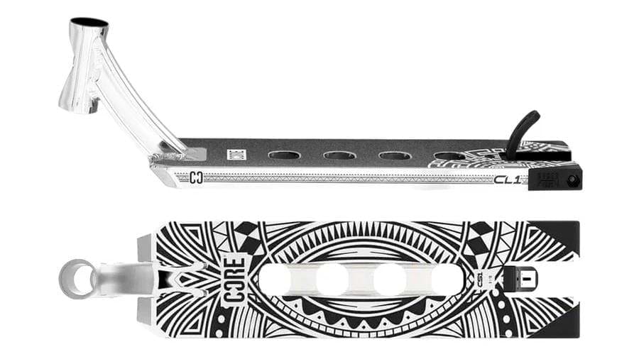 A close-up of the CORE CL1 Chrome Stunt Scooter Deck—measuring 5" x 19"—reveals its black-and-white design adorned with intricate geometric patterns and the "CORE" branding on the underside. Designed for park use, this deck includes cut-out circles on the top surface and a visible connection hardware piece, making it an ideal choice for any rider on the CORE pro team.