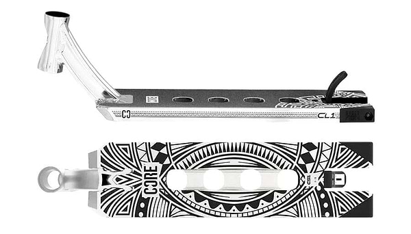 A close-up of the CORE CL1 Chrome Stunt Scooter Deck—measuring 5" x 19"—reveals its black-and-white design adorned with intricate geometric patterns and the "CORE" branding on the underside. Designed for park use, this deck includes cut-out circles on the top surface and a visible connection hardware piece, making it an ideal choice for any rider on the CORE pro team.