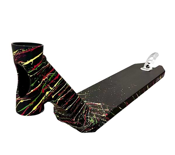 The Apex Rasta Special Edition Stunt Scooter Deck features a black frame with vibrant neon splatter paint in green, red, and yellow. This 5" x 19.3" lightweight deck includes a headtube cutout and a silver brake, offering a perfect balance of style and durability.