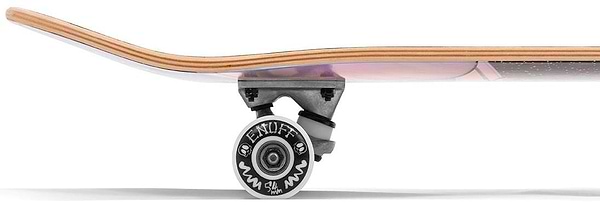 Side view of the Enuff Skully Hologram Black Mini Complete Skateboard (7.25" x 29.5") shows a multicolored 7-ply maple deck, silver trucks, and white wheels with "Enjoy" and designs, highlighting the board's quality base components.