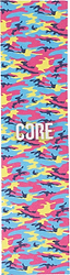 The CORE Stunt Scooter Griptape - Neon Camo by CORE features a rectangular shape with a vibrant blue, pink, yellow, and black camo design plus bold white "CORE" lettering—ideal for personalizing your stunt scooter.