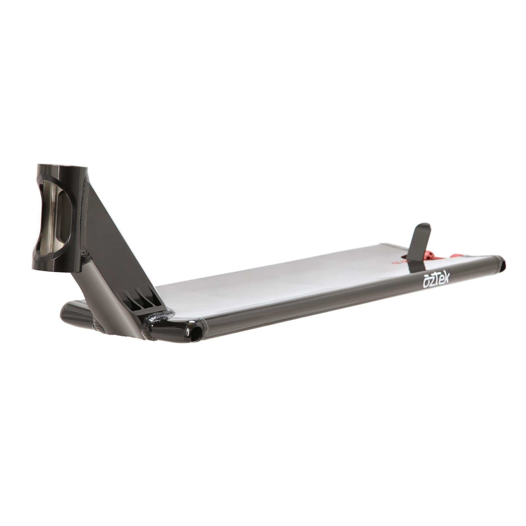 The Aztek Europa 2 Black Magic Stunt Scooter Deck (7" x 23") by Aztek features smooth contours, a flat rectangular platform, and an angled head tube with rear brake—ideal for freestyle, street riding, or tricks.