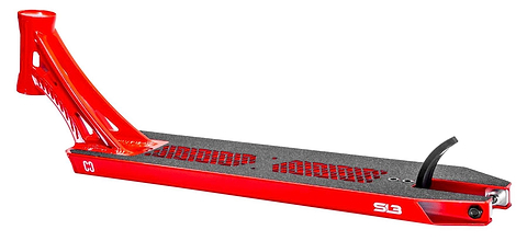 The CORE SL3 Forged Candy Red Stunt Scooter Deck (5.25" x 19.3"/20.5") features black grip tape, a cutout design, angled head tube, curved rear brake, and bold white "S3" branding—perfect for park riding.