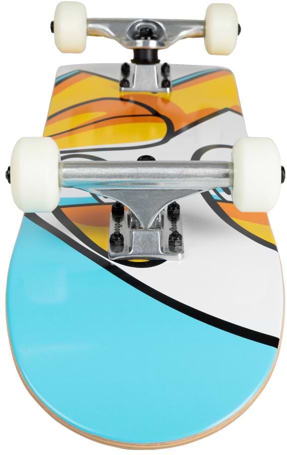 Close-up front view of the Birdhouse Stage 1 Chicken Oversized Complete Skateboard (7.375" x 28.5") with white wheels, metal trucks, and a vibrant blue, orange, and white deck—ideal as a beginner skateboard for kids.