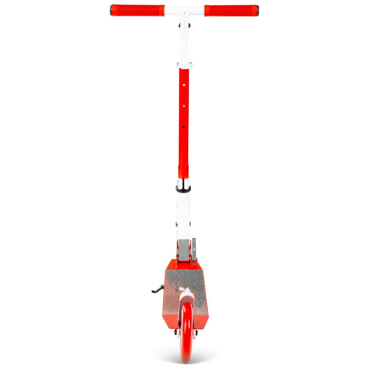 Front view of the Madd Gear Metro Rush 125 Kids Foldable Scooter in white and red by MGP, featuring a single red front wheel, red handlebar grips, adjustable handlebar, and a silver foot deck.