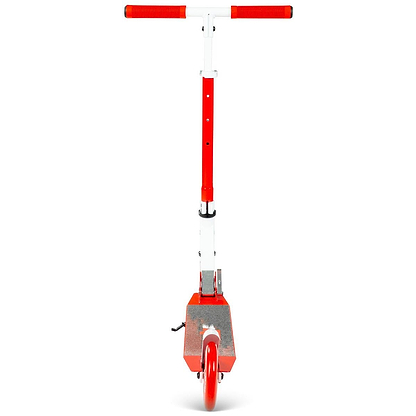 Front view of the Madd Gear Metro Rush 125 Kids Foldable Scooter in white and red by MGP, featuring a single red front wheel, red handlebar grips, adjustable handlebar, and a silver foot deck.