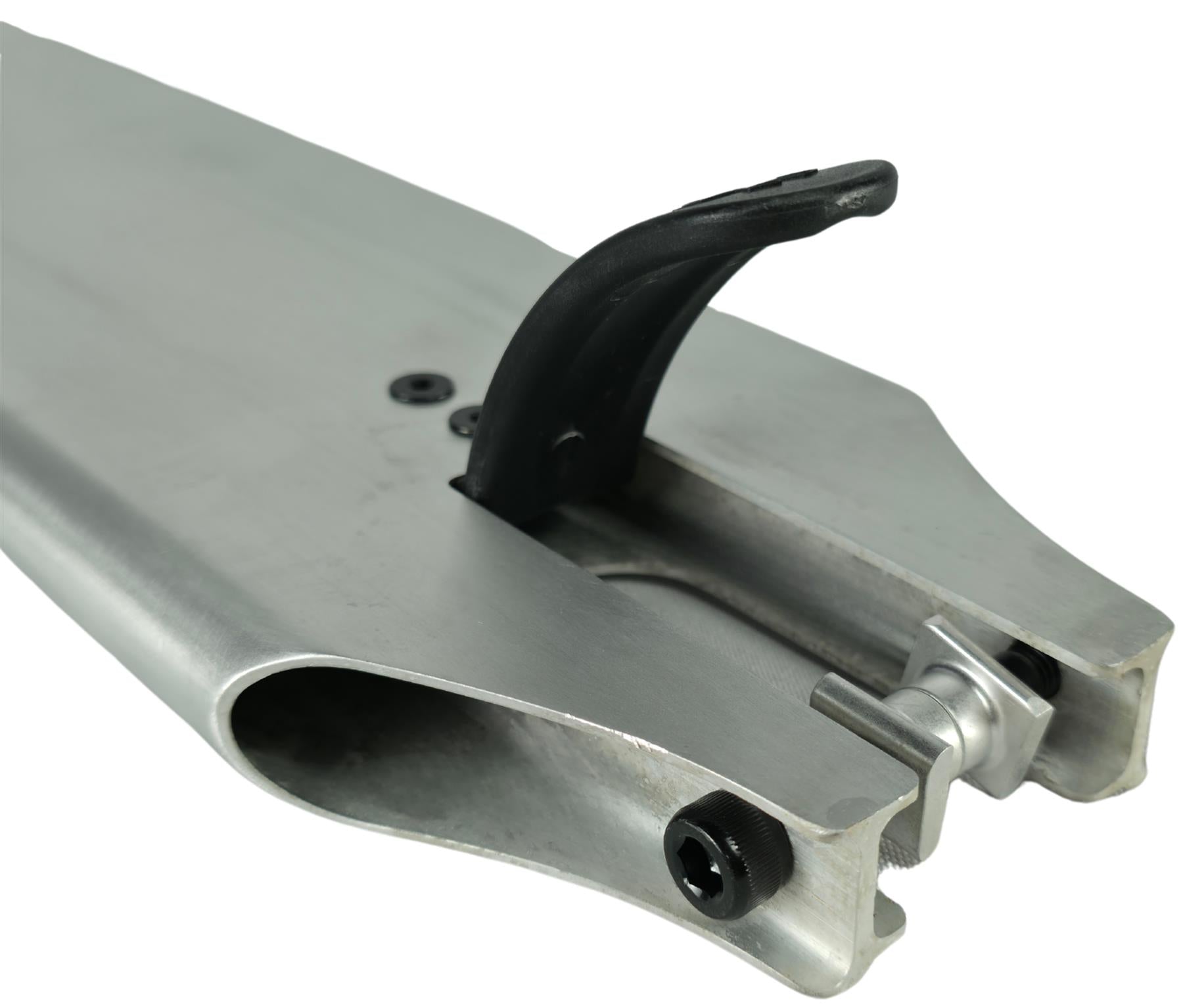 Close-up of the Union Classic Pro Silver Stunt Scooter Deck - 4.75" by Union, showcasing its lightweight build and black rear brake with visible bolts and components, set against a white background.