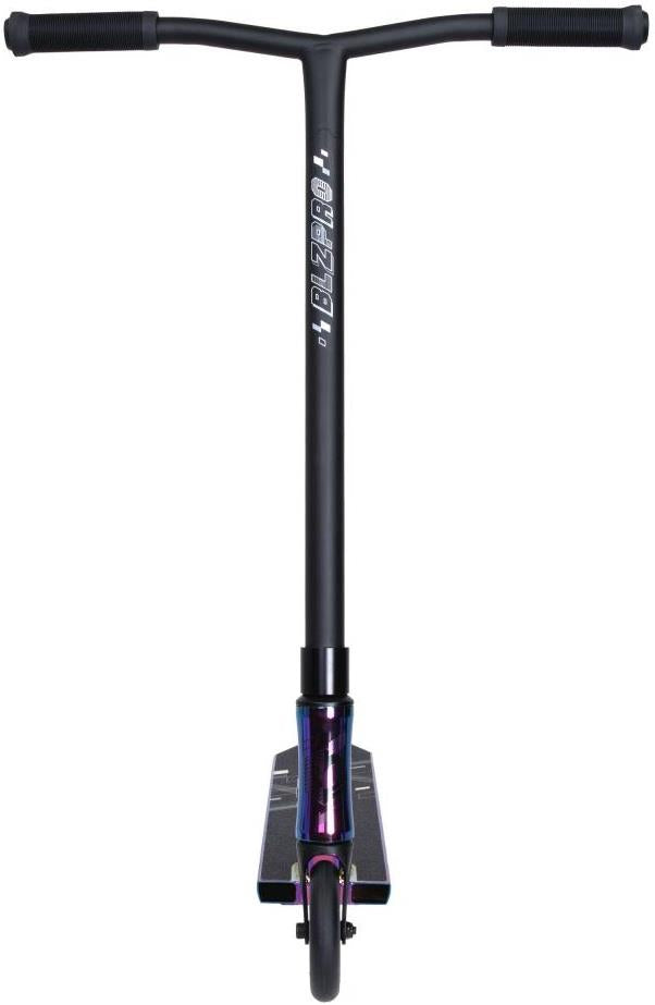 Front view of the Blazer Pro Outrun 3 FX Complete Stunt Scooter in Neochrome, featuring a T-shaped handlebar, rubber grips, single front wheel, and vertical "BLZ PRO +" branding—perfect for beginners.