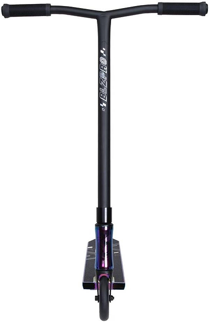 Front view of the Blazer Pro Outrun 3 FX Complete Stunt Scooter in Neochrome, featuring a T-shaped handlebar, rubber grips, single front wheel, and vertical "BLZ PRO +" branding—perfect for beginners.