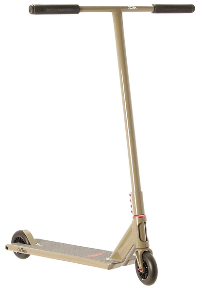 The Aztek Siren Complete Street Stunt Scooter in Zircon Sand features black handlebars, black wheels, and a textured foot deck. This Aztek scooter is shown against a white background.