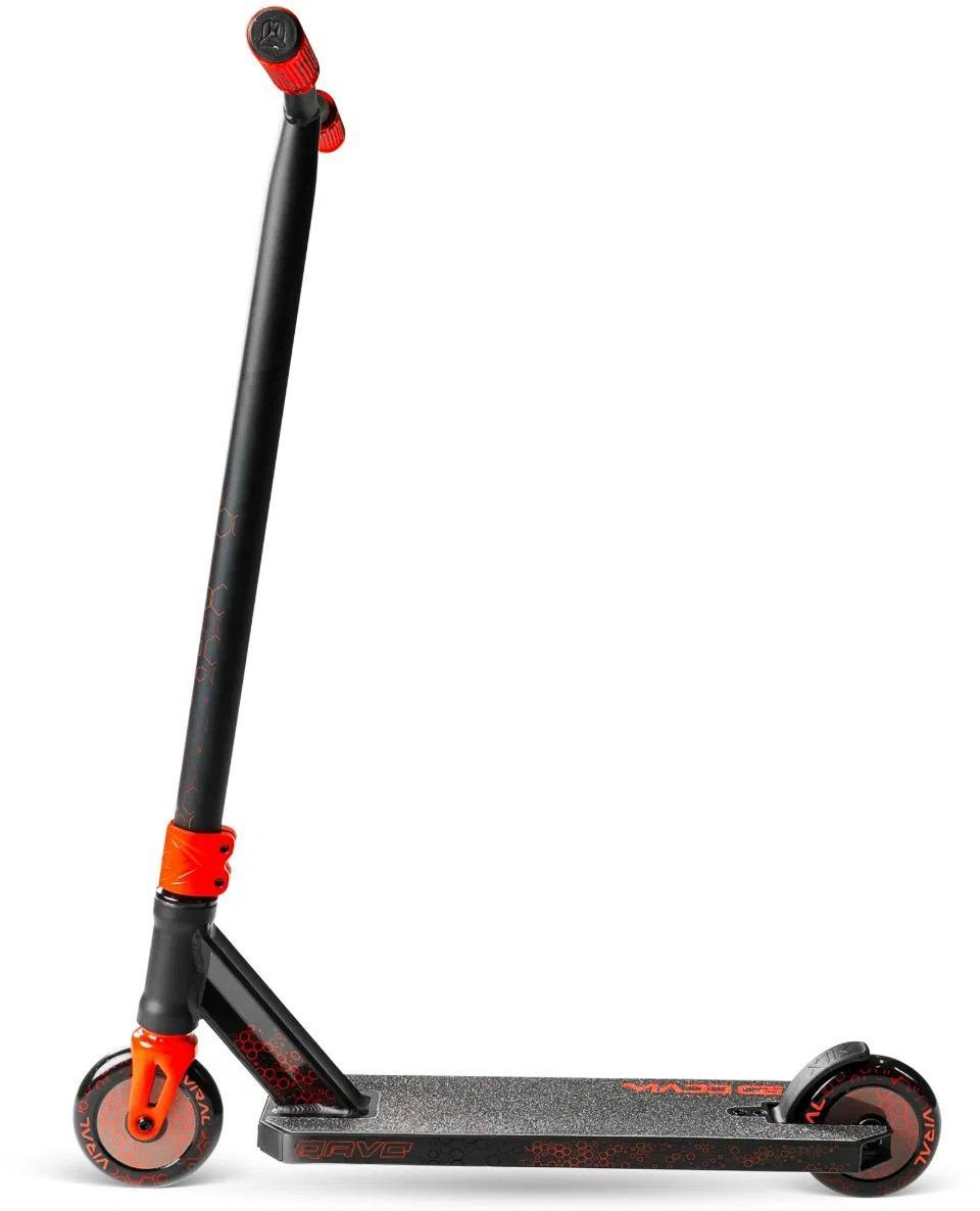 The Madd Gear Viral Rave Complete Stunt Scooter - Inferno by MGP features black and orange styling, a long handlebar, small front and rear wheels, and a textured foot deck, shown against a plain white background.