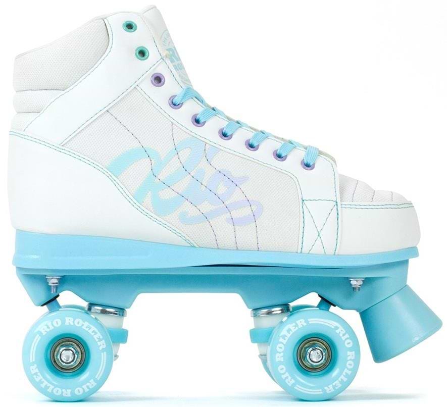 The Rio Roller Lumina Quad Roller Skates in White/Blue feature teal wheels and laces, the Rio Roller logo on the sides and wheels, a PVC leather boot, and durable nylon trucks. Shown from the side on a white background.