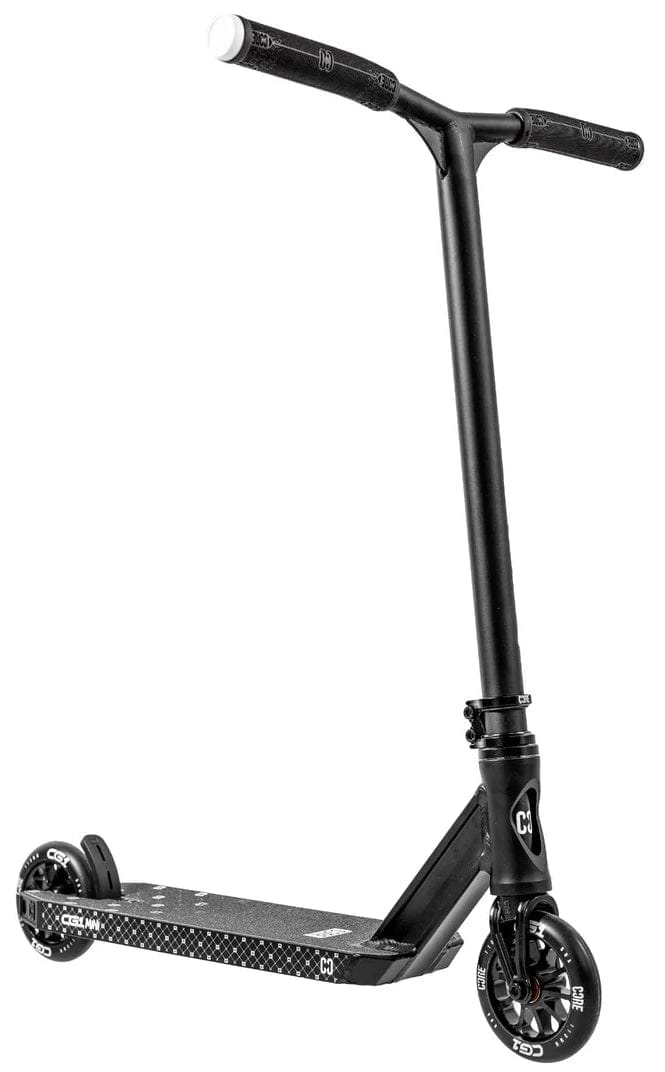 The CORE CG1 Mini Complete Stunt Scooter by CORE is a black beginner scooter featuring a T-shaped handlebar, two small wheels, and a textured foot deck, displayed against a white background.