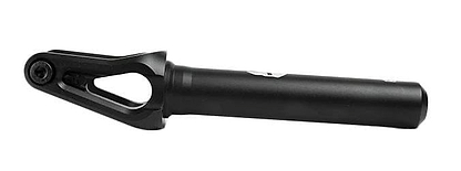 The Supremacy Spartan SCS/HIC Stunt Scooter Forks are crafted from high-grade aluminum and sport a sleek, cylindrical design with an integrated axle hole. These forks, made by Supremacy, are CNC milled for precision and feature a matte black finish that provides a smooth yet robust appearance, perfect for securely connecting your scooter's front wheel to its deck.