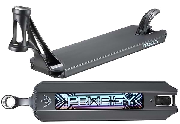 The Blunt Envy Prodigy XS Black Stunt Scooter Deck features a sleek, futuristic design with a minimalist black top and an underside embellished with a vibrant geometric pattern and the word "PRDGY" prominently displayed, making it ideal for those looking for premium aftermarket parts from Blunt Envy.