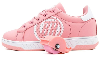 The Breezy Rollers Classic Shoes in Pink/White feature white accents, "BR" initials on the side, and a patented system with a detachable pink heel wheel—ideal for walking or rolling.