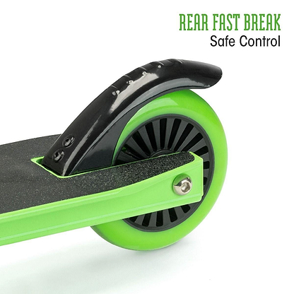 Close-up of the Xootz Envy Y-Bar Complete Stunt Scooter's green rear wheel with a black fender. Text reads "REAR FAST BREAK Safe Control." The deck, crafted for extreme tricks, boasts a textured surface for enhanced grip and is equipped with ABEC-7 bearings for smooth performance.